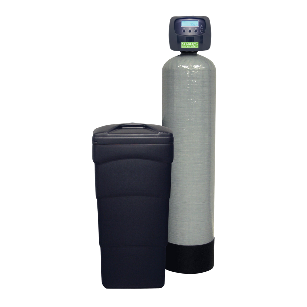 Vertical gray resin tank with digital control head next to black brine tank with rounded top.