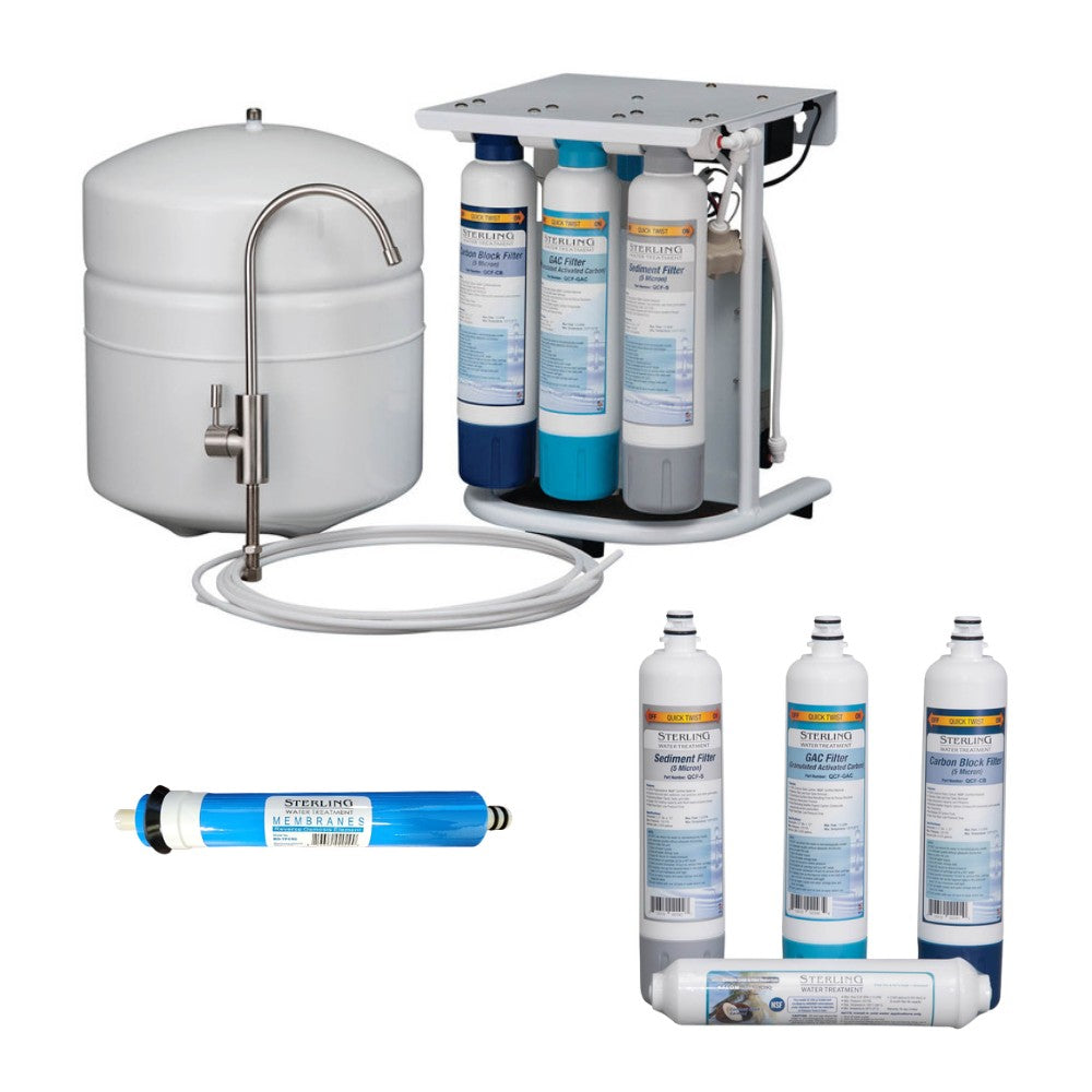 Sterling reverse osmosis system with white storage tank, faucet, three-cartridge filter unit, replacement membrane, and three