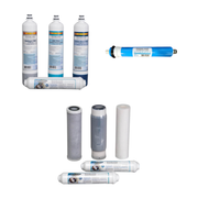 Four replacement filter cartridges and one RO membrane for water treatment system maintenance.