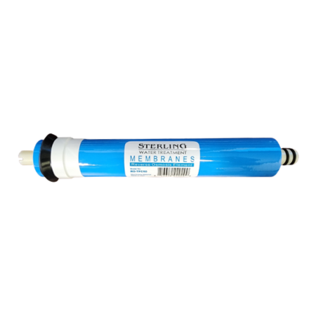 Sterling blue reverse osmosis membrane cartridge with white end caps and black fittings.