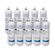 Ten white Sterling S501 water filter cartridges with blue stripe and label, arranged in two rows.