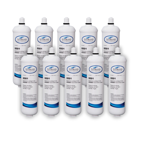 Ten white Sterling S501 water filter cartridges with blue stripe and label, arranged in two rows.