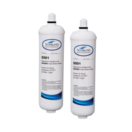 Two white Sterling S501 water filter cartridges with blue labels and black top caps.