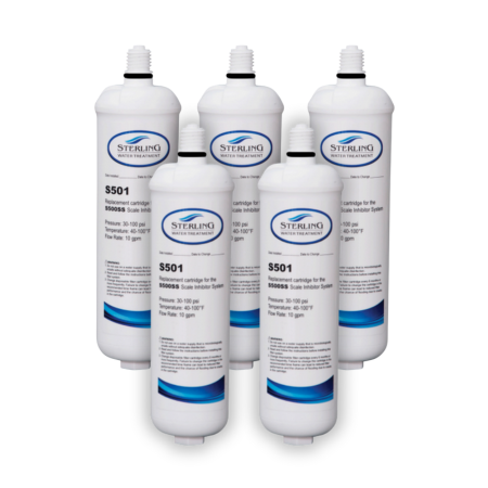Five Sterling S501 water treatment scale inhibitor filter cartridges with white cylindrical bodies and blue labels.