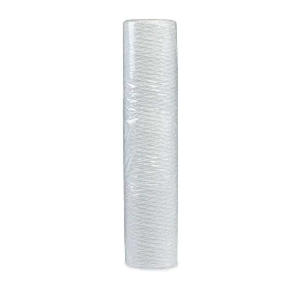 White cylindrical polypropylene string wound sediment filter cartridge with textured surface.