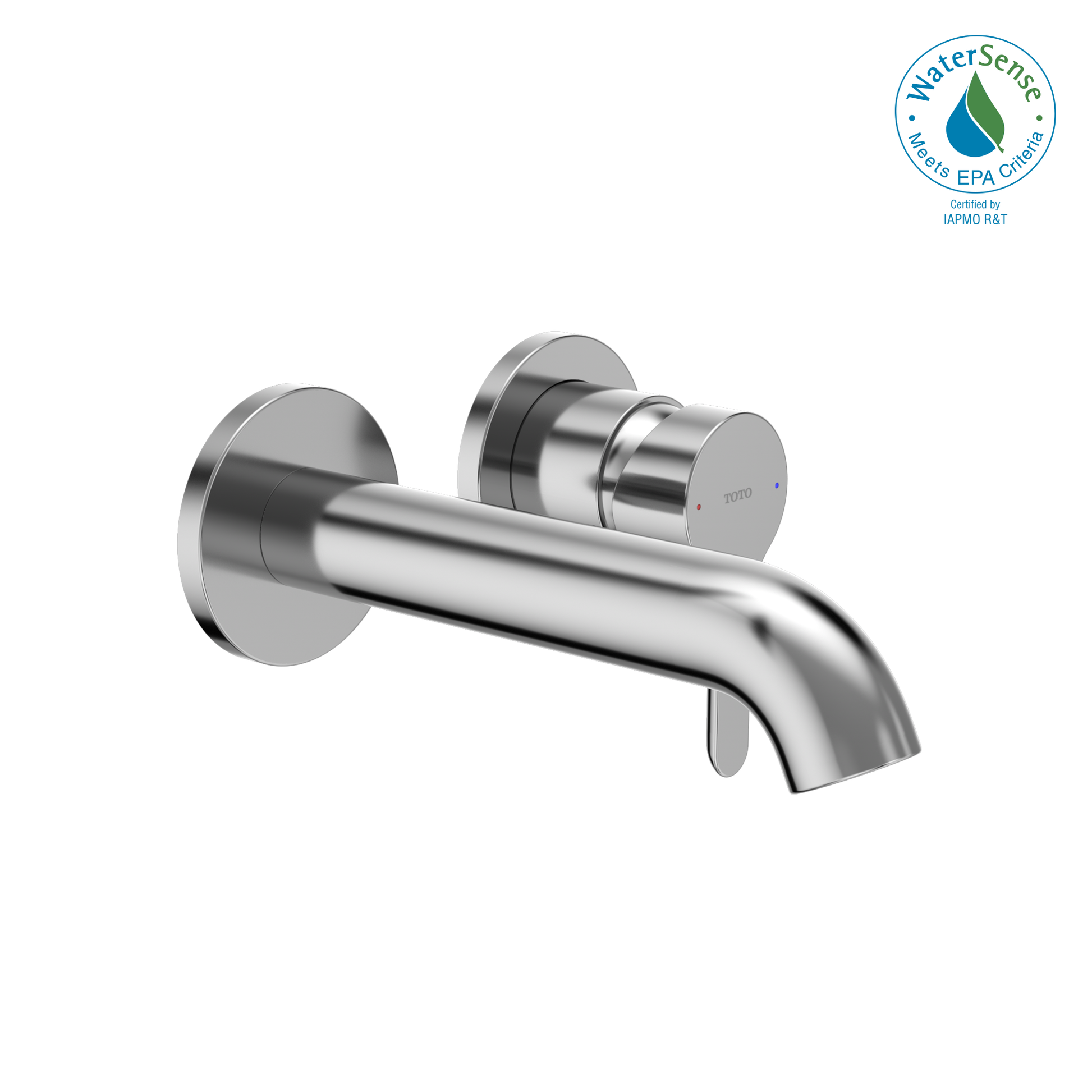 Polished chrome wall-mount bathroom faucet with single handle and curved spout.