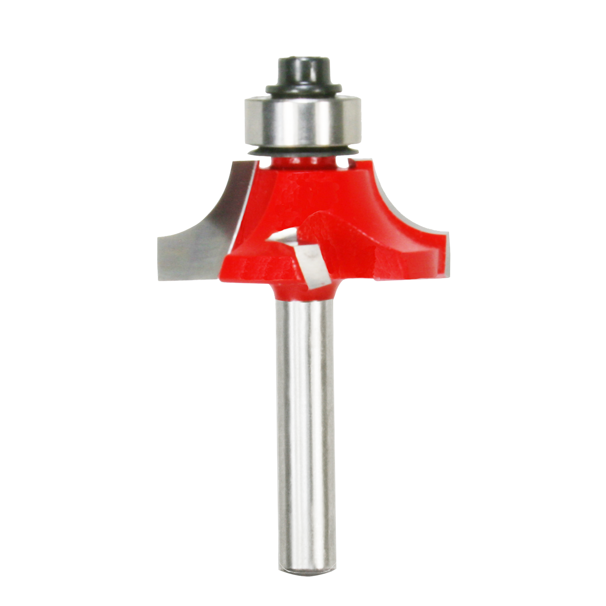 Freud beading router bit with red cutting head, silver metal shank, and black bearing collar on white background.