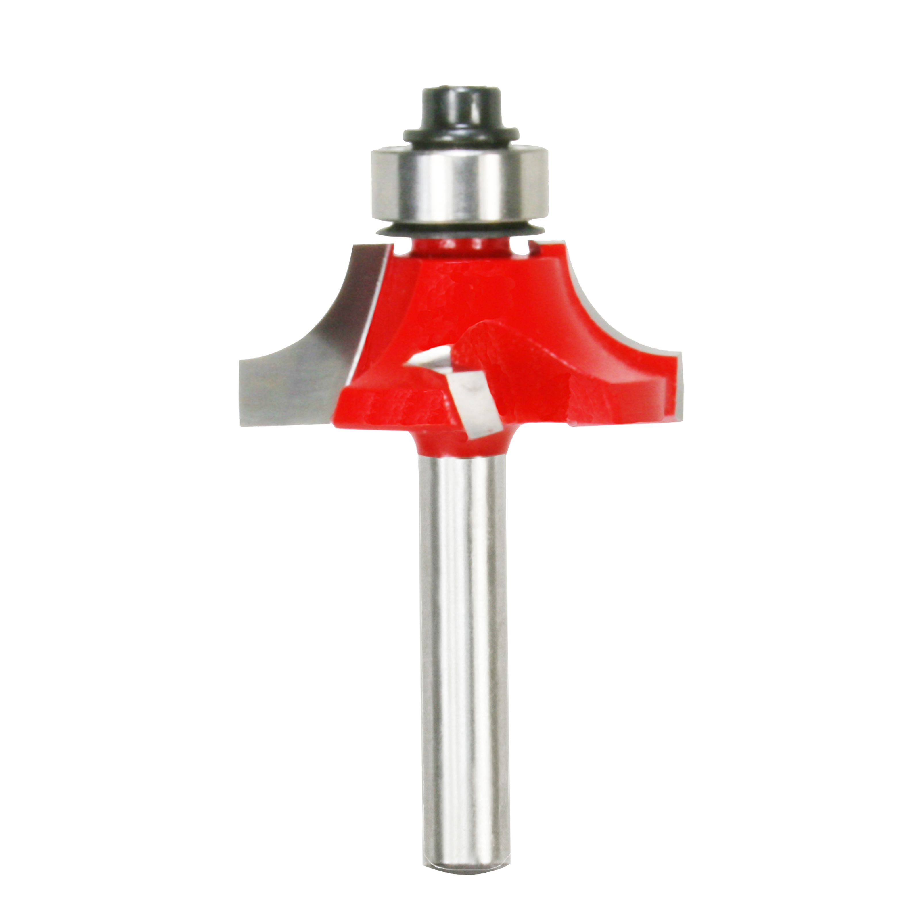 Freud beading router bit with red cutting head, silver metal shank, and black bearing collar on white background.