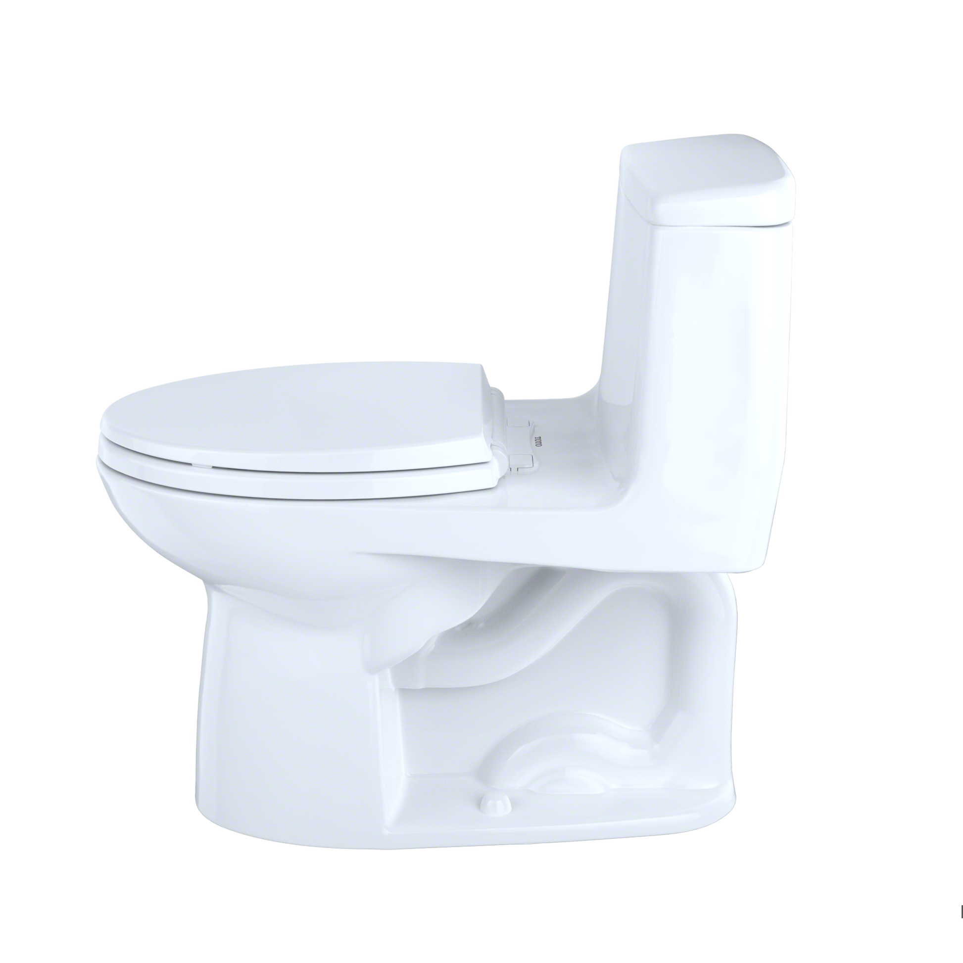 White one-piece elongated toilet with soft-close seat and integrated tank, shown from angled side view.