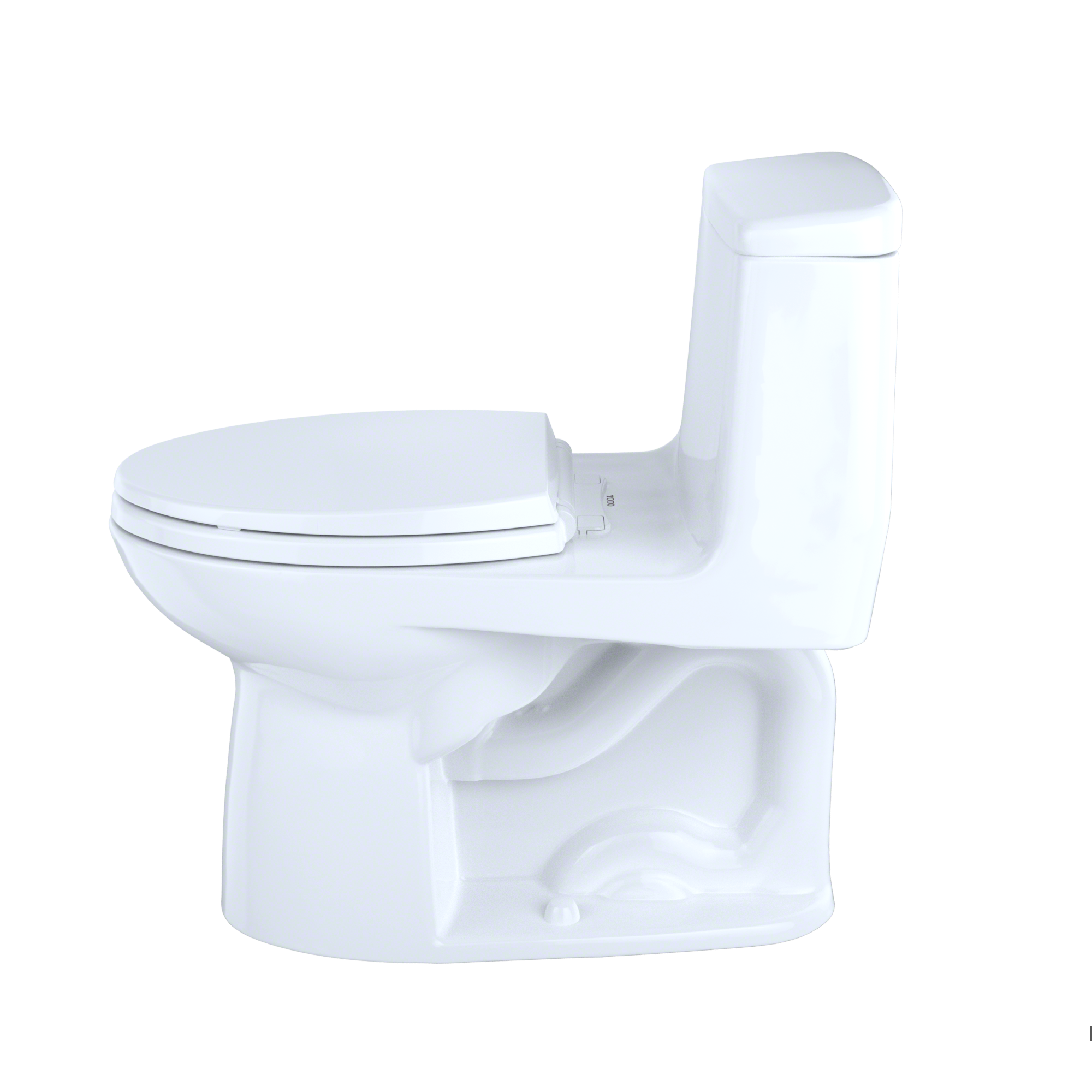 White one-piece elongated toilet with soft-close seat and integrated tank, shown from angled side view.