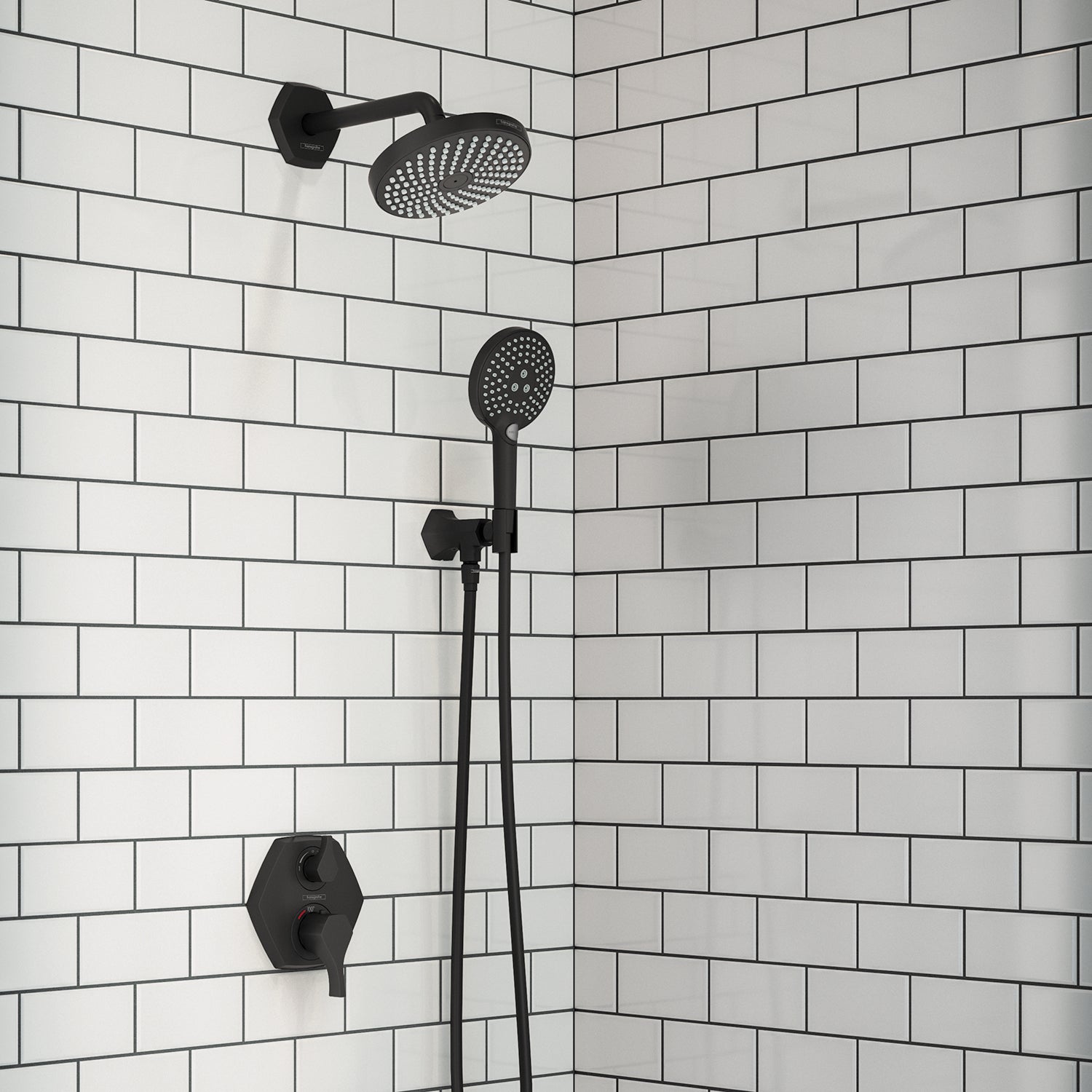 Matte black shower system with overhead rainfall head, handheld showerhead on adjustable holder, and wall-mounted valve contr