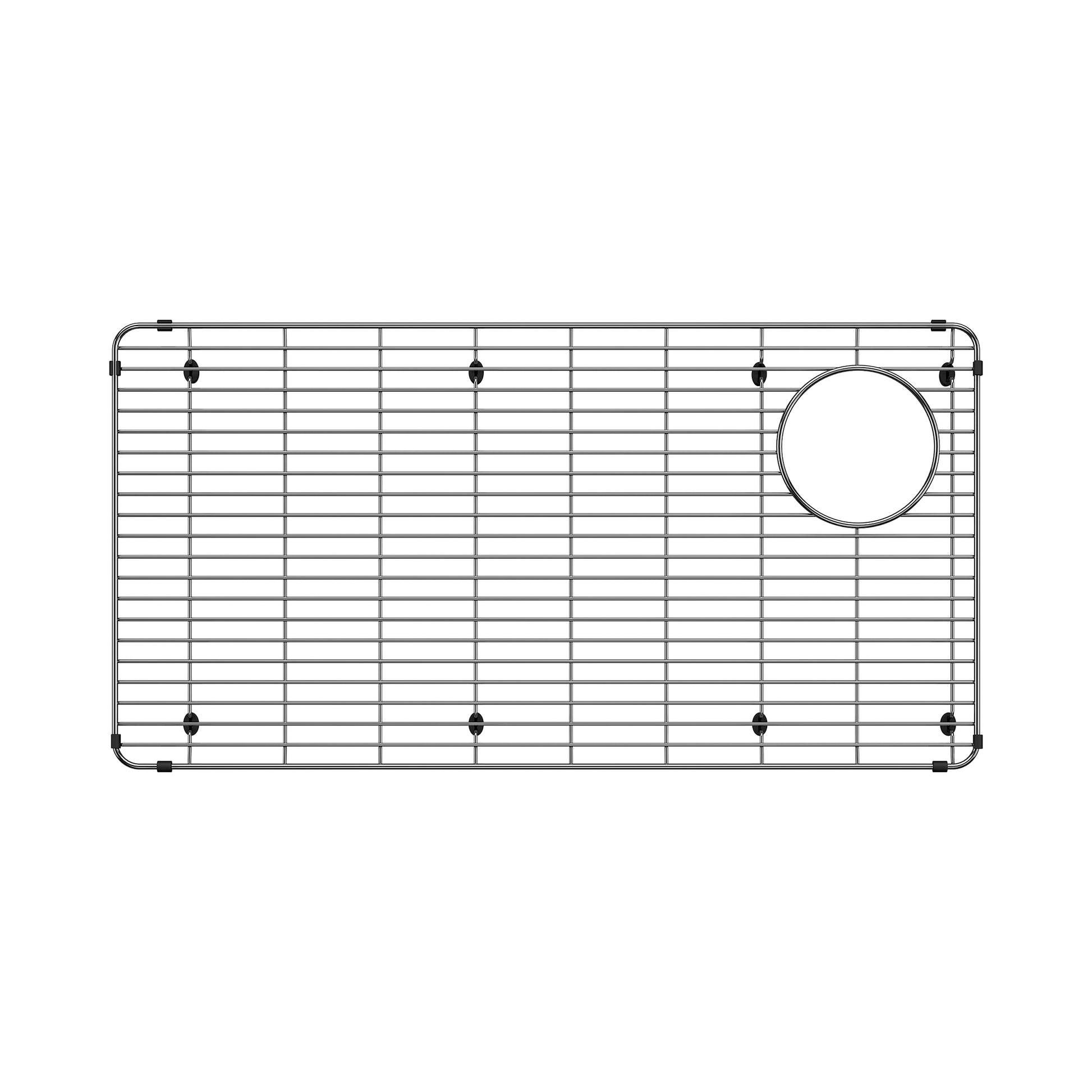 Stainless steel sink grid with horizontal wire pattern, rounded corners, corner feet, and circular drain hole on right side.