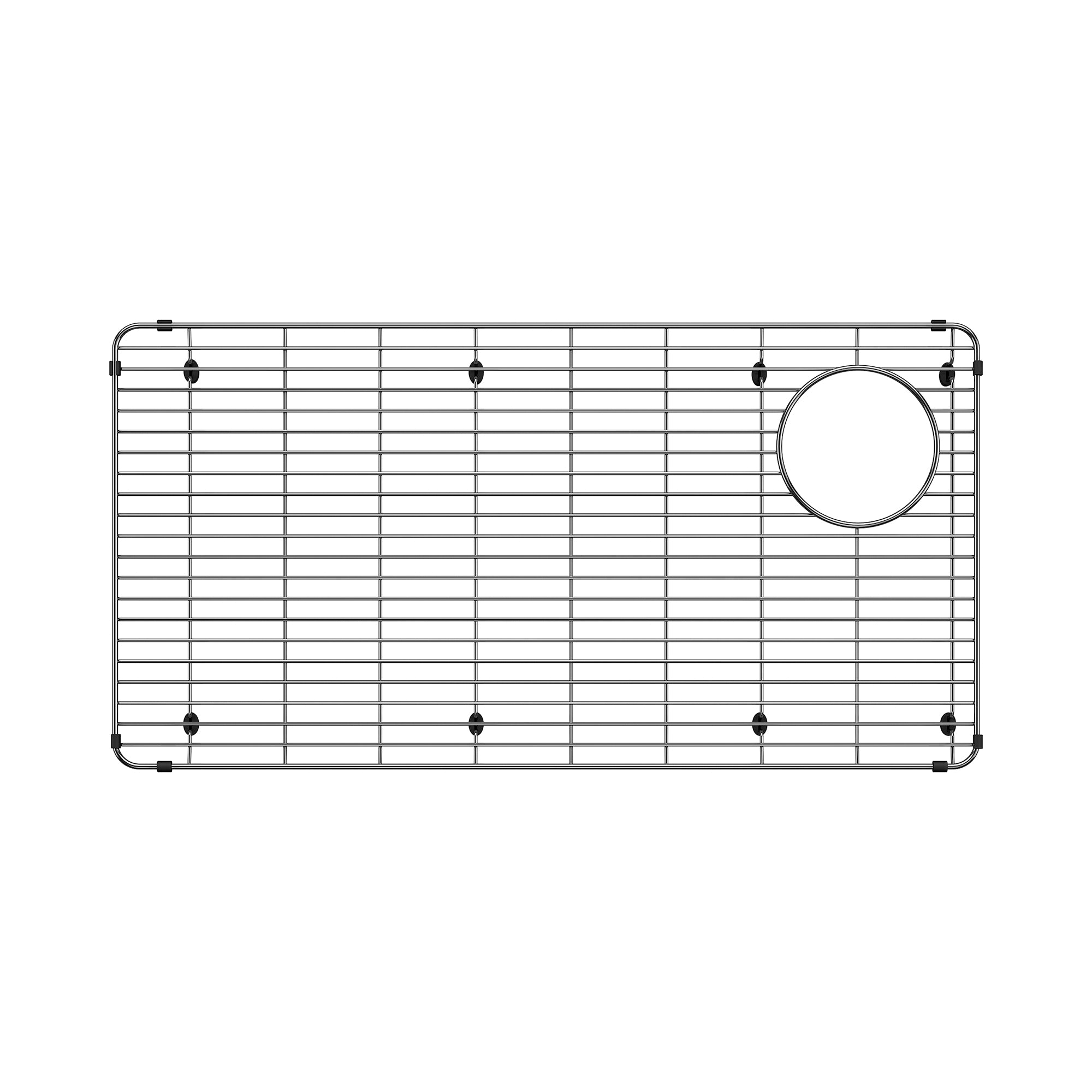 Stainless steel sink grid with horizontal wire pattern, rounded corners, corner feet, and circular drain hole on right side.