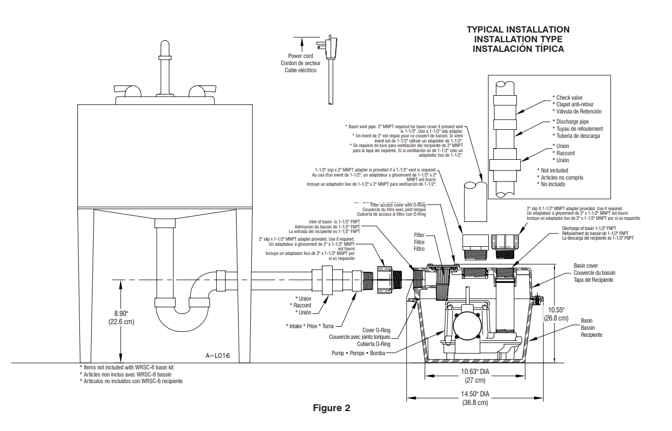 Technical schematic diagram showing internal components, installation configuration, and specifications for a compact water r