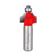 Silver router bit with red curved cutting head and metal bearing guide.
