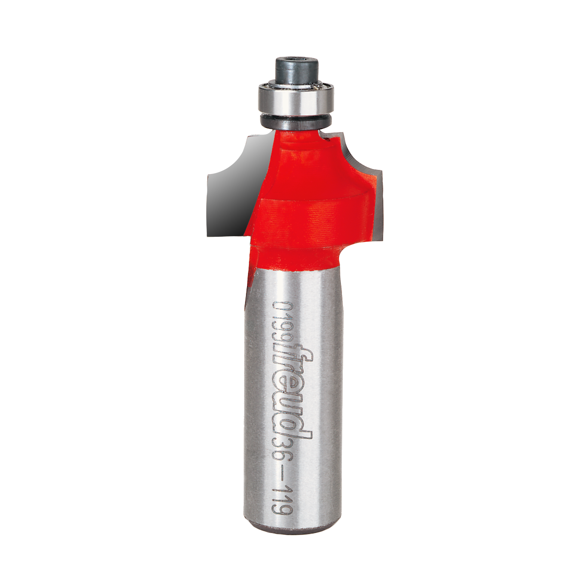 Silver router bit with red curved cutting head and metal bearing guide.