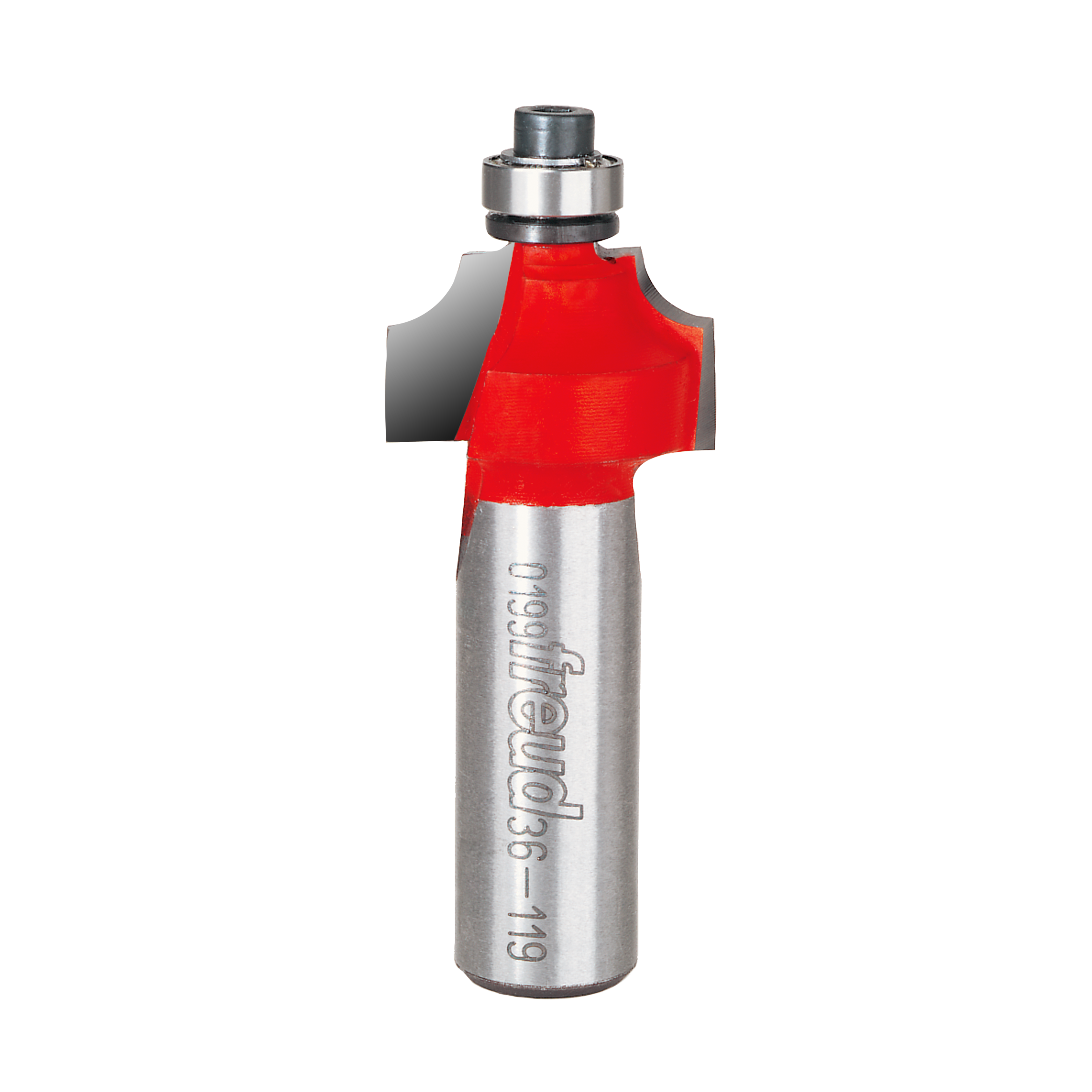 Silver router bit with red curved cutting head and metal bearing guide.