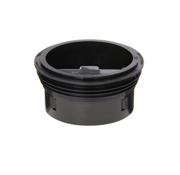 Black plastic 3-inch inline floor drain trap sealer with threaded rim and internal valve mechanism.