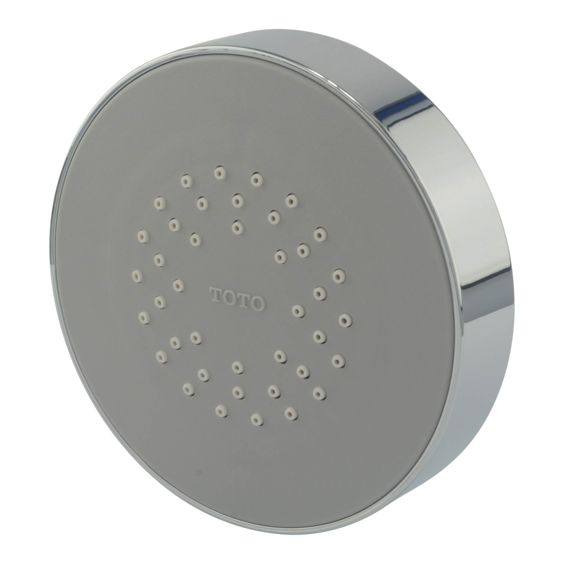 Polished chrome circular shower head with multiple spray nozzles and TOTO branding on face.