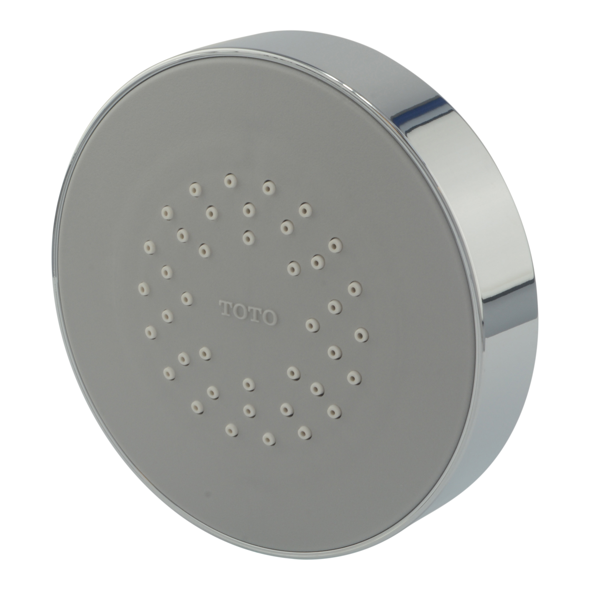 Polished chrome circular shower head with multiple spray nozzles and TOTO branding on face.