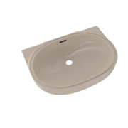 Bone-colored oval undermount bathroom sink with single faucet hole and curved basin.