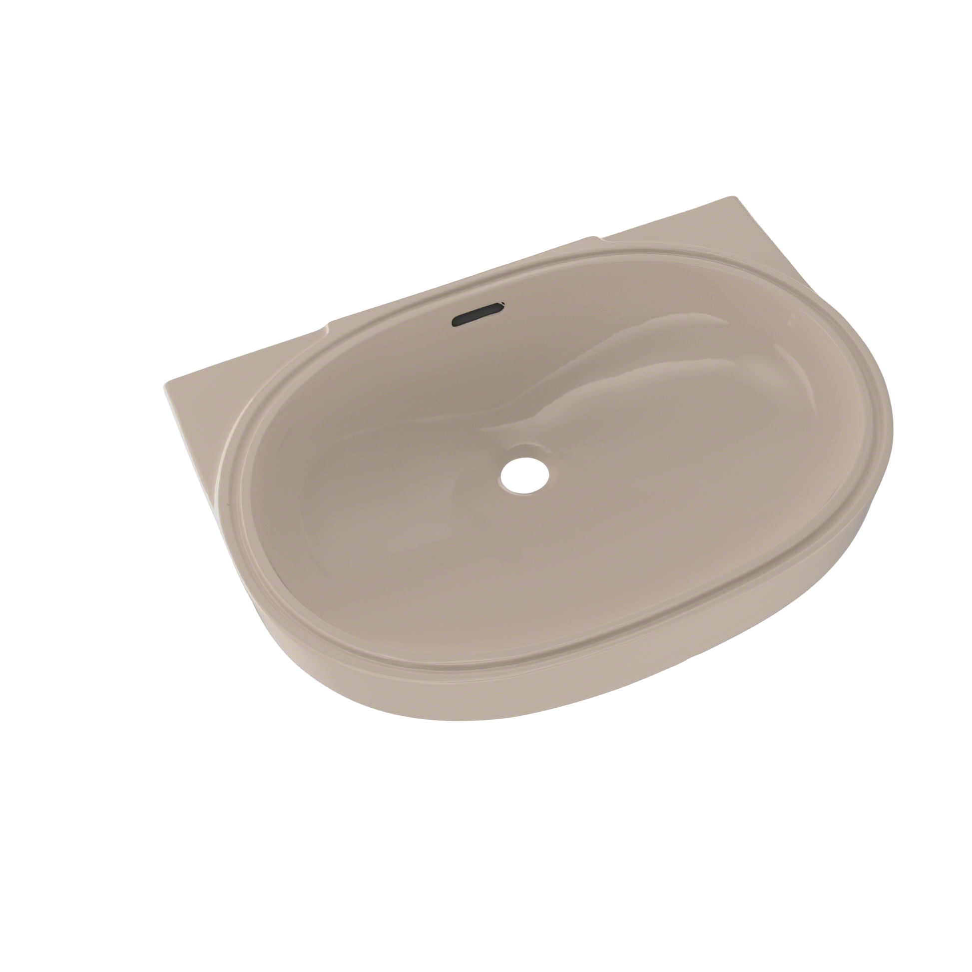 Bone-colored oval undermount bathroom sink with single faucet hole and curved basin.