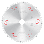 Silver circular saw blade with fine teeth around the edge, Freud branding, and red markings indicating vibration reduction te