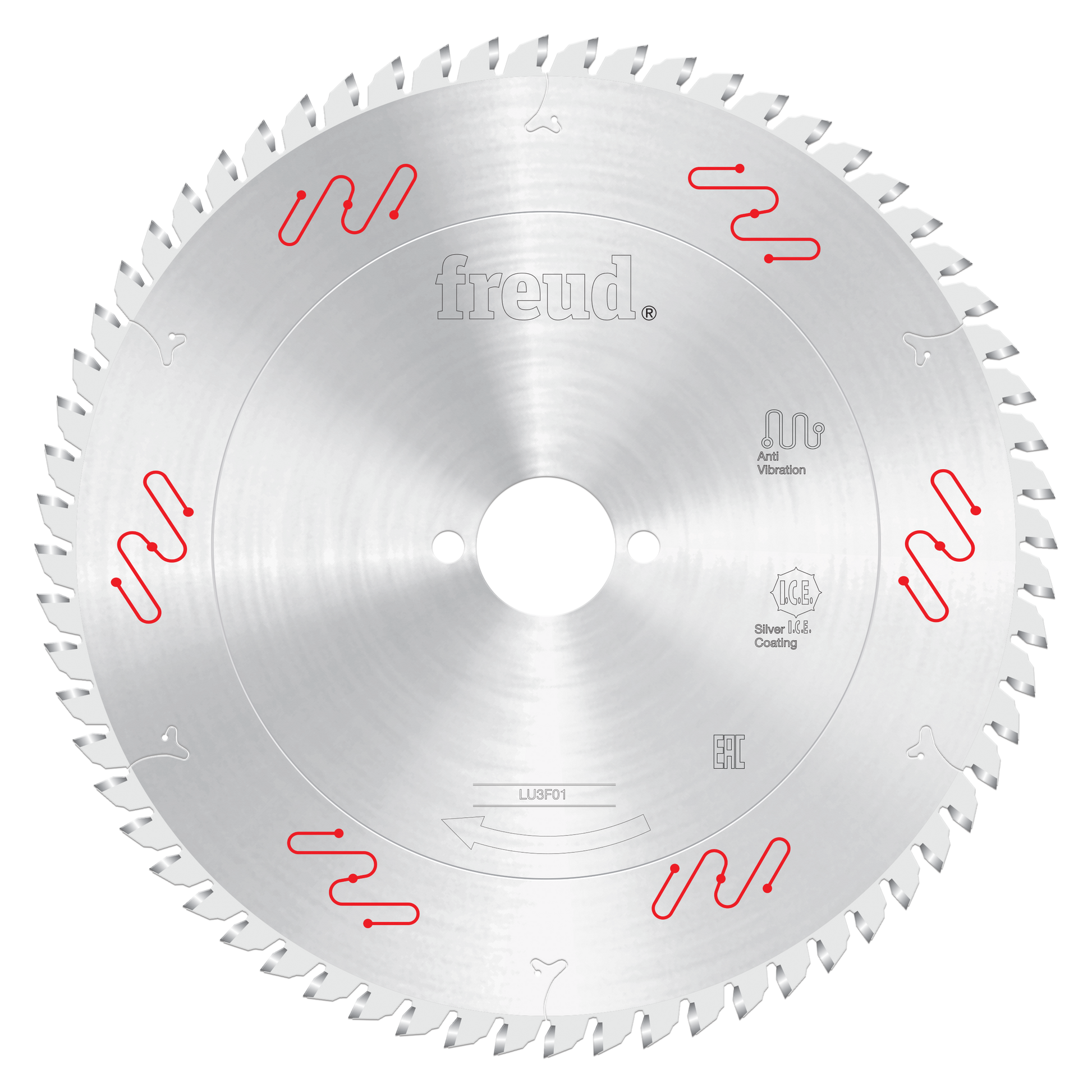 Silver circular saw blade with fine teeth around the edge, Freud branding, and red markings indicating vibration reduction te