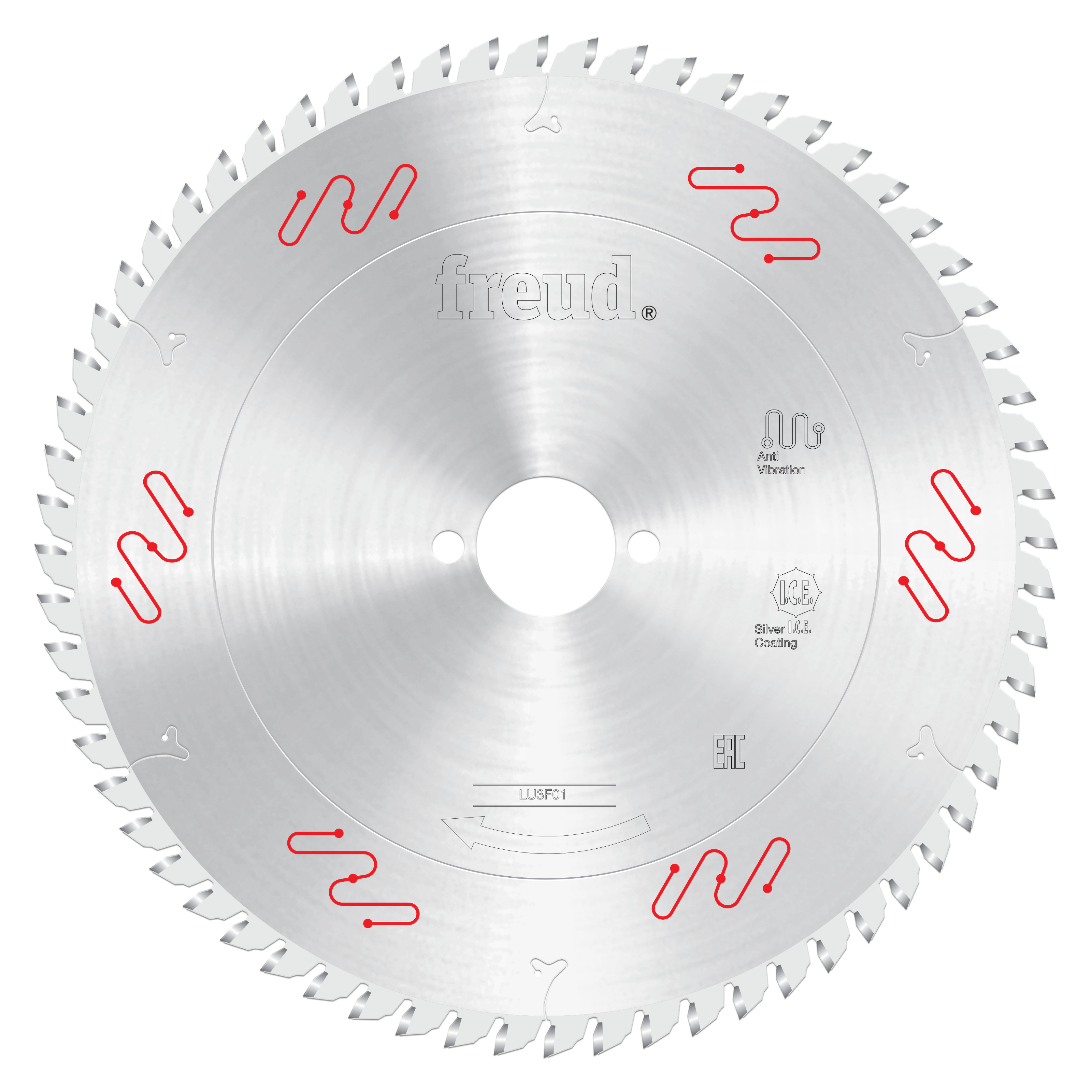 Silver circular saw blade with fine teeth around the edge, Freud branding, and red markings indicating vibration reduction te