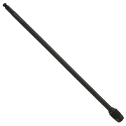 Black cylindrical drill extension with knurled grip end and text markings on shaft.