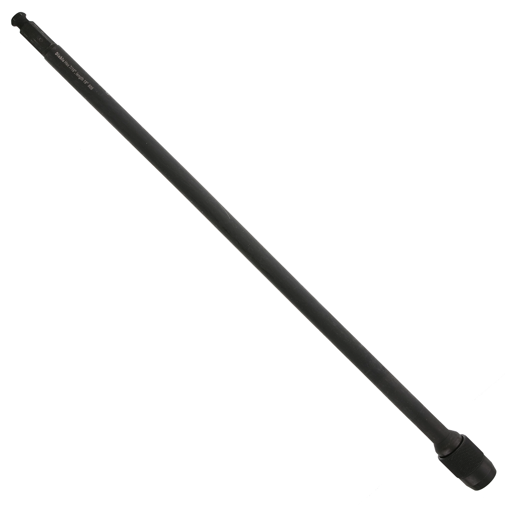 Black cylindrical drill extension with knurled grip end and text markings on shaft.