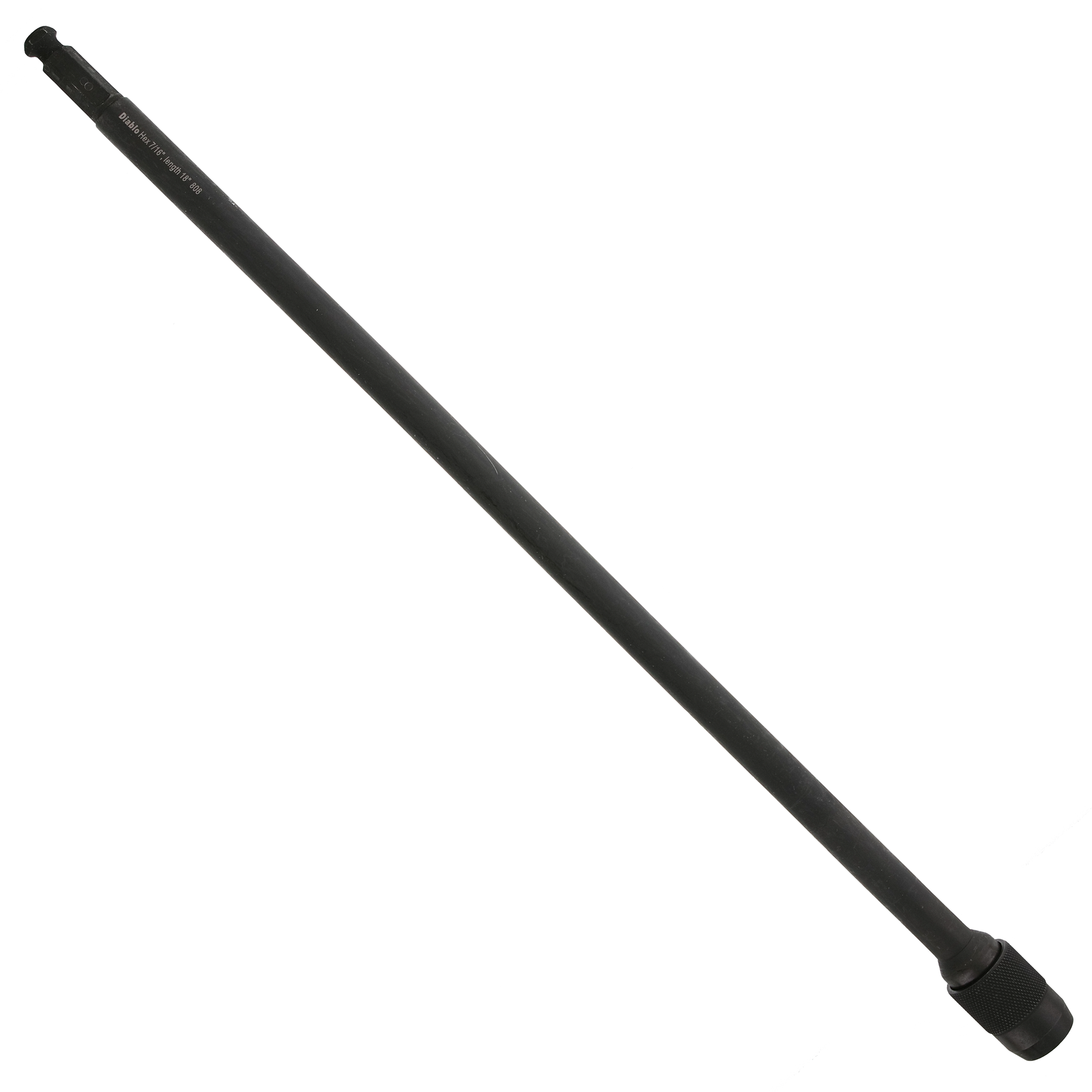 Black cylindrical drill extension with knurled grip end and text markings on shaft.