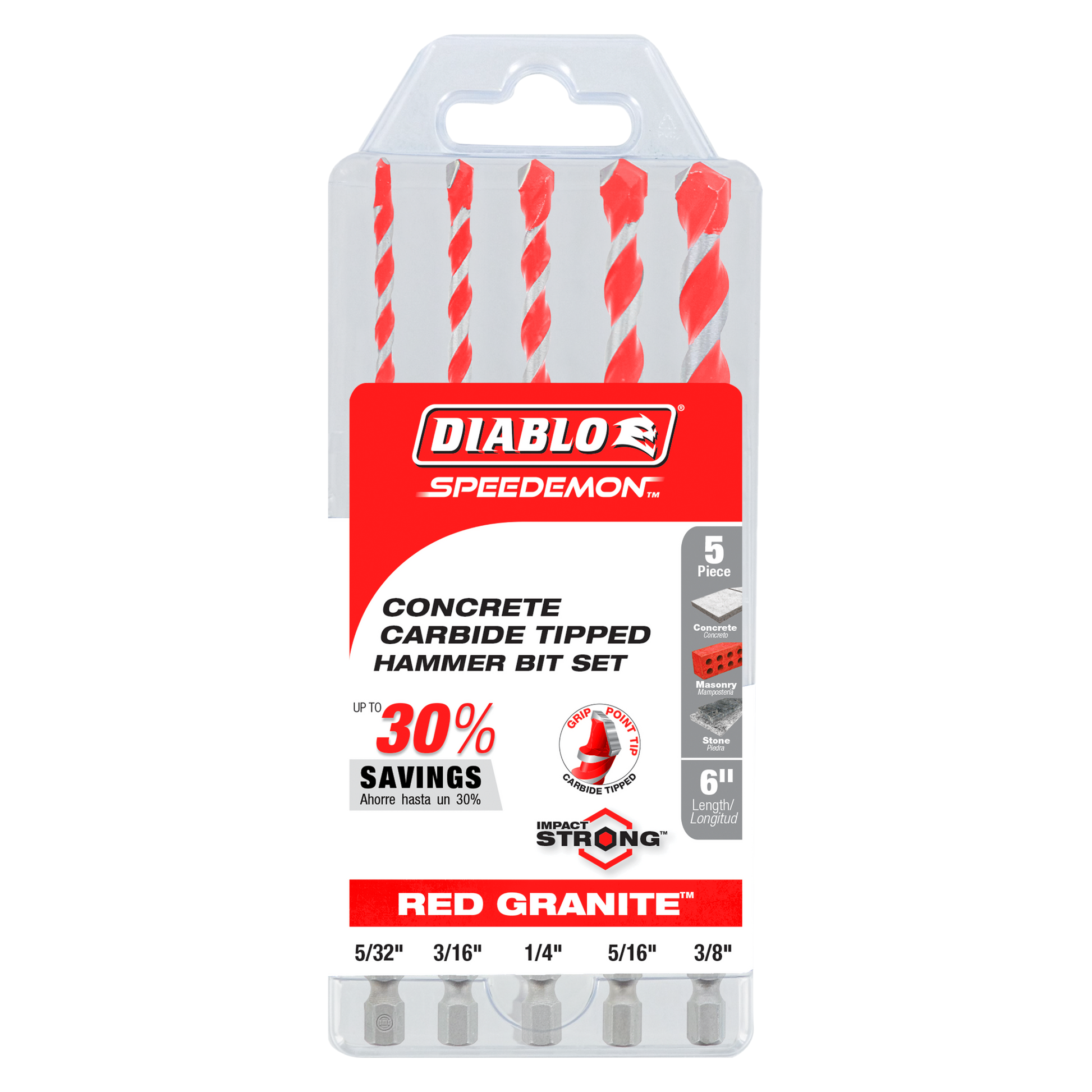 Five red and gray carbide-tipped hammer drill bits in sizes 5/32", 3/16", 1/4", 5/16", and 3/8" in clear plastic packaging.