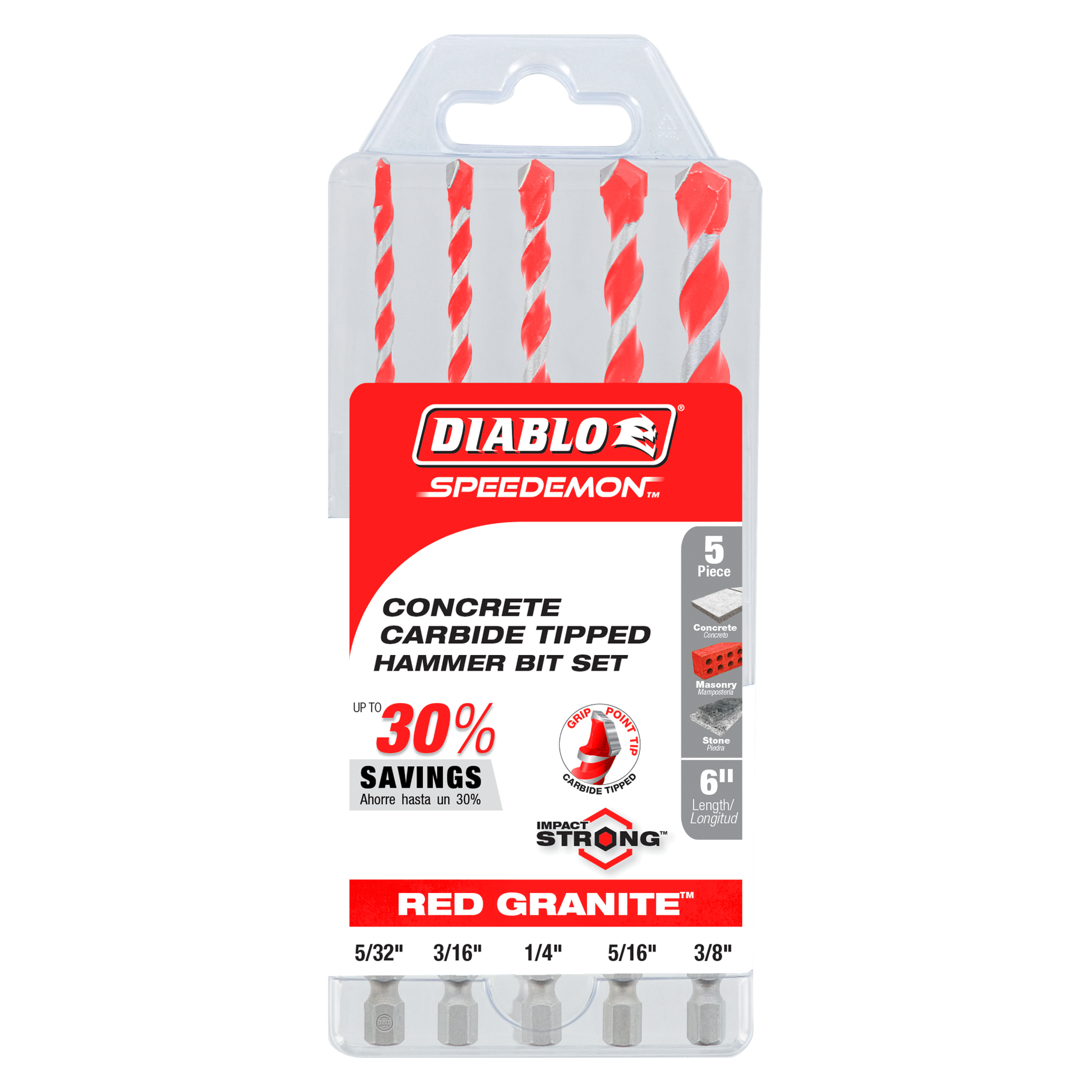 Five red and gray carbide-tipped hammer drill bits in sizes 5/32", 3/16", 1/4", 5/16", and 3/8" in clear plastic packaging.