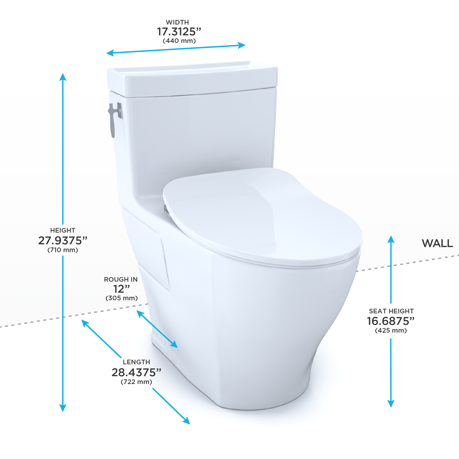 White elongated one-piece toilet with soft-close seat, dimensions marked: 27.94" height, 17.31" width, 28.44" length.