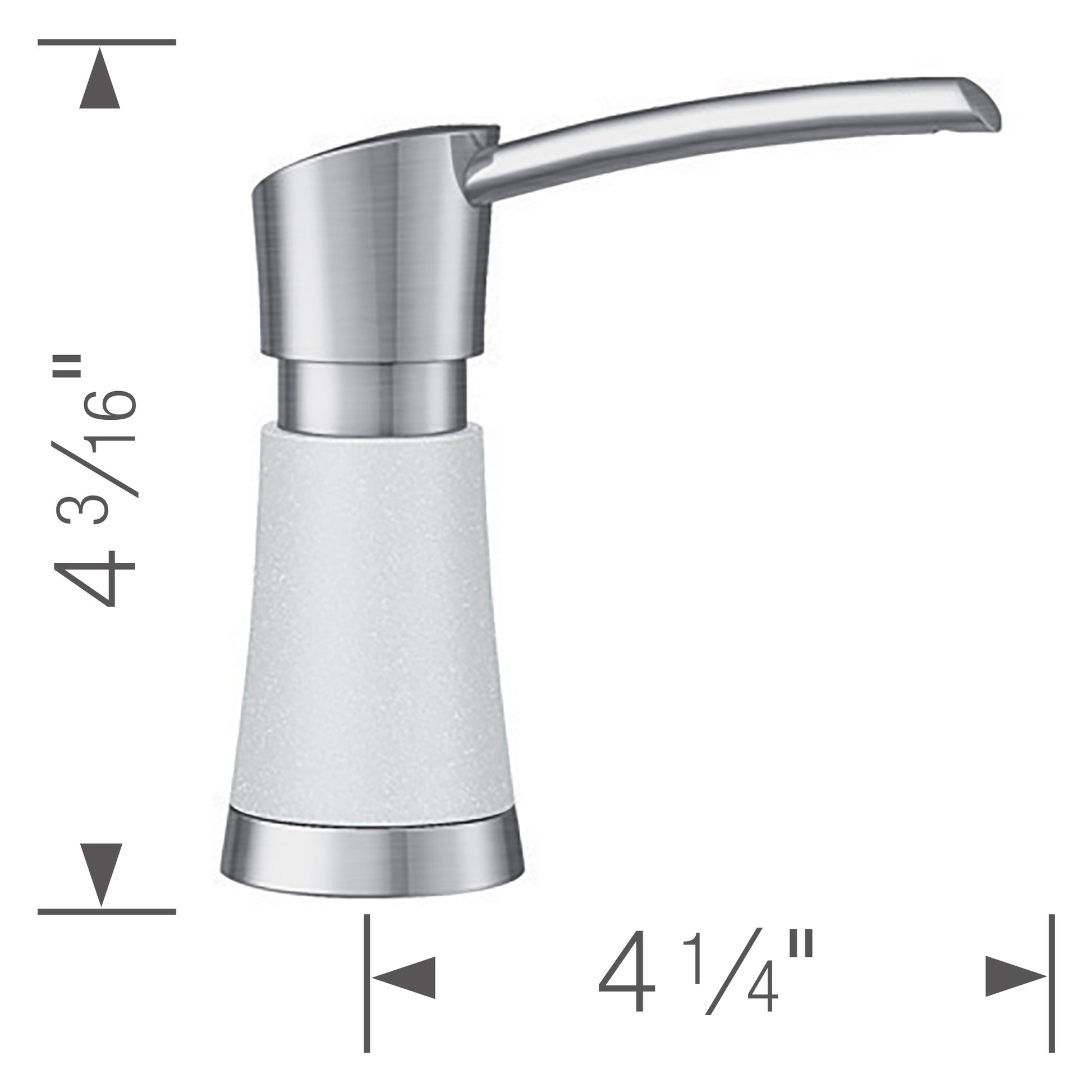 Stainless steel soap dispenser with white ceramic body, curved pump handle, and brushed metal accents.