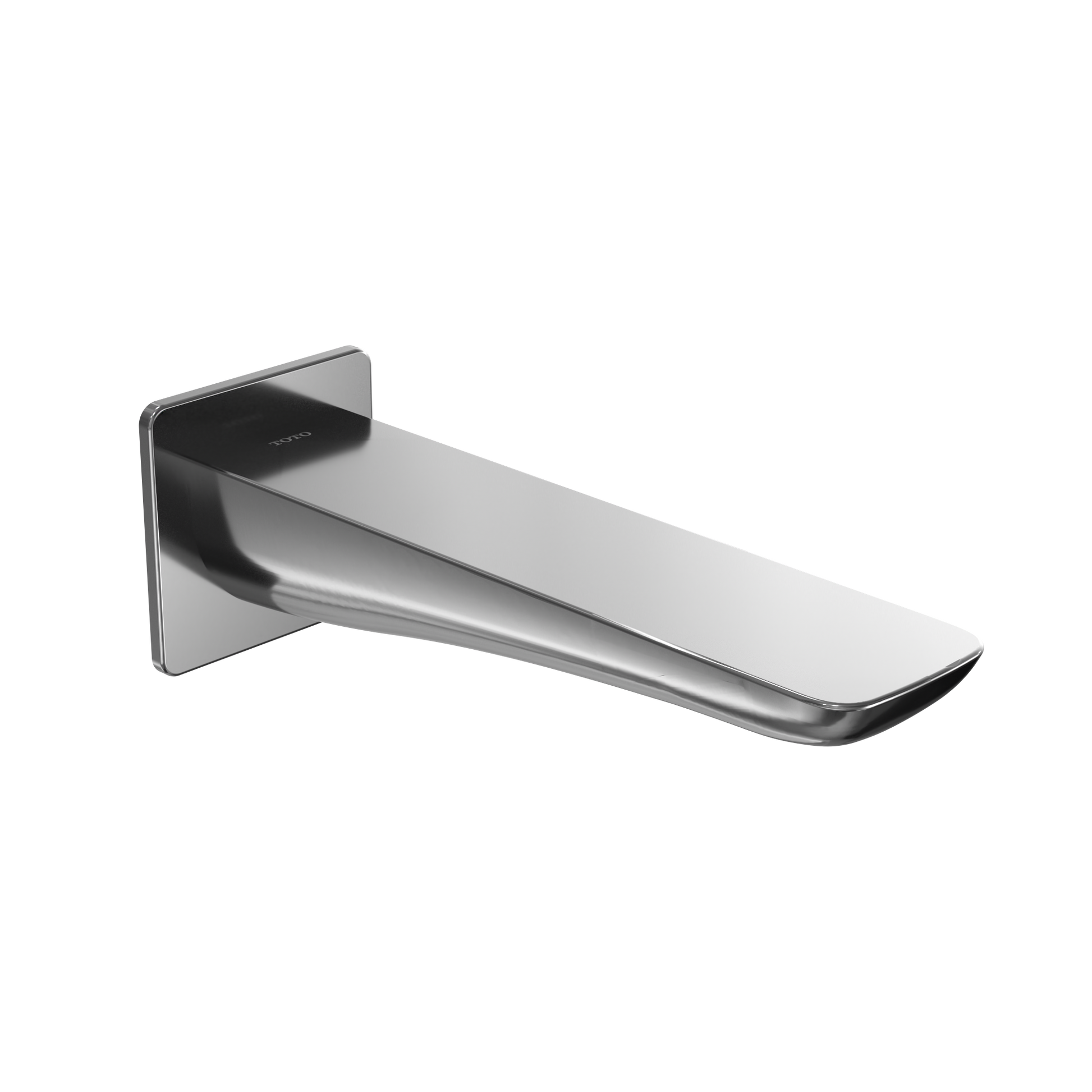Polished chrome wall-mounted tub spout with rectangular escutcheon plate and curved waterfall outlet.