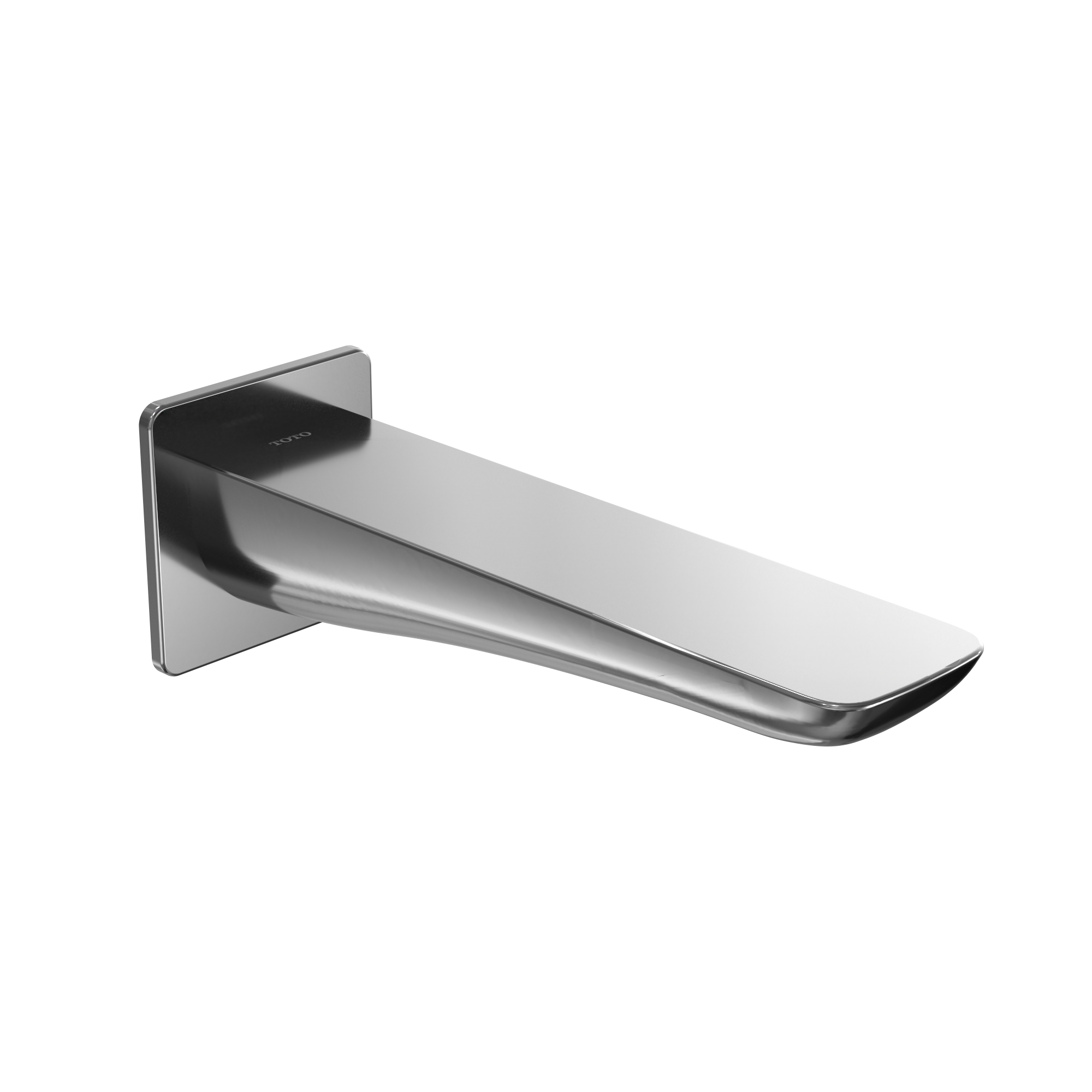 Polished chrome wall-mounted tub spout with rectangular escutcheon plate and curved waterfall outlet.