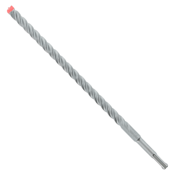 SDS-Plus hammer drill bit with spiral flutes, red carbide head, and cylindrical shank.