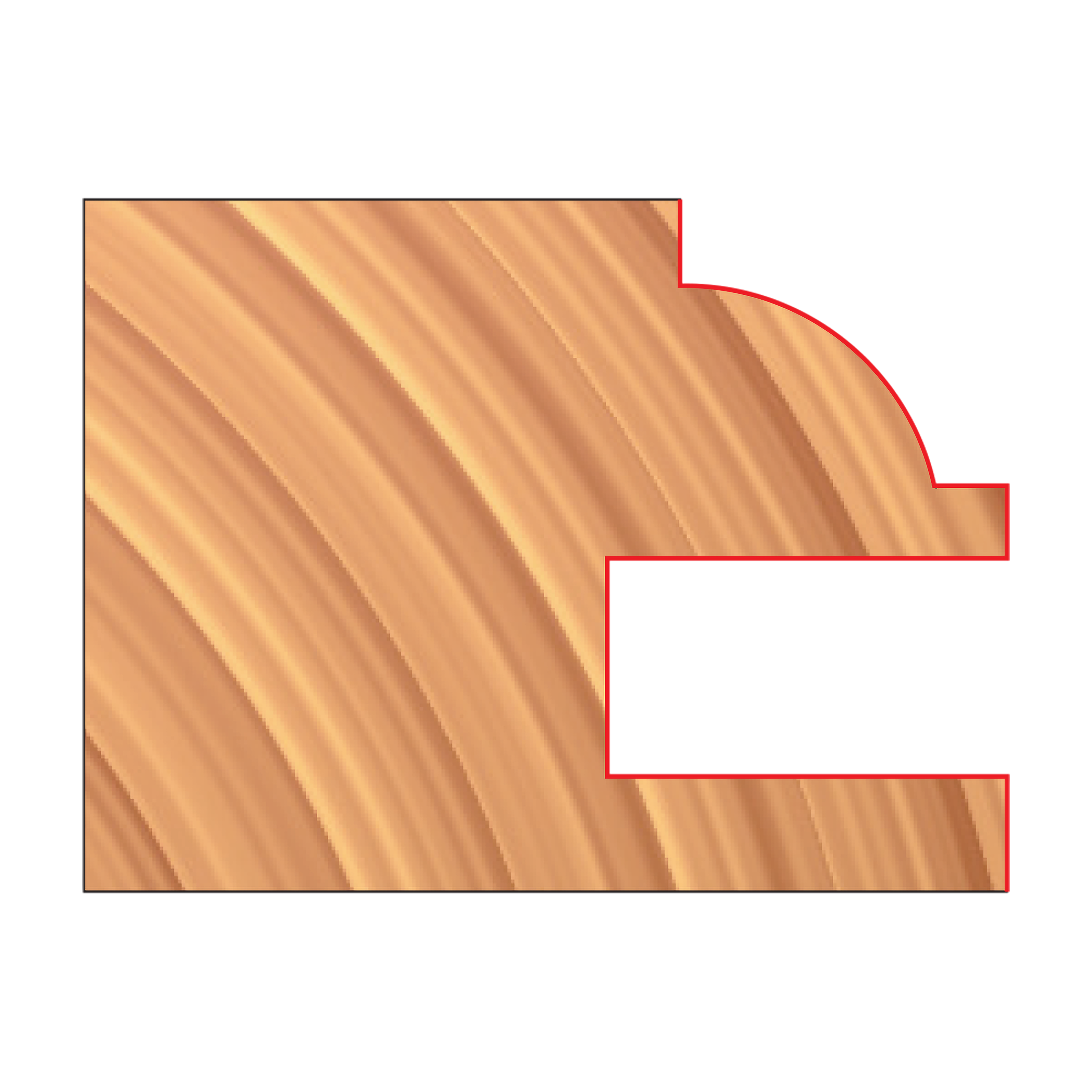 Router bit profile showing complementary male and female cabinet door edge cuts with curved and straight sections.