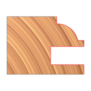 Router bit with red cutting edges and wood grain texture showing interlocking drawer lock profile.