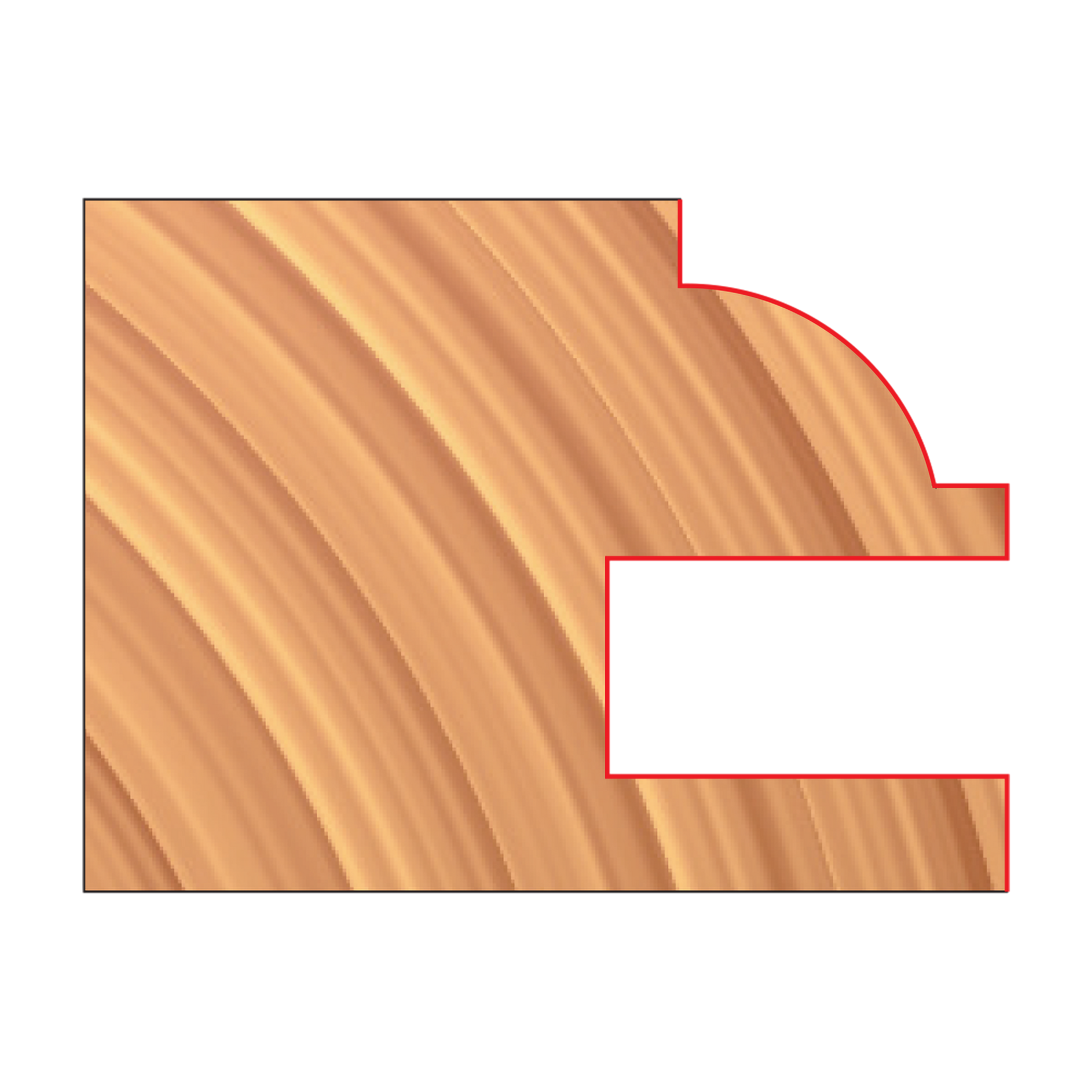 Router bit with red cutting edges and wood grain texture showing interlocking drawer lock profile.