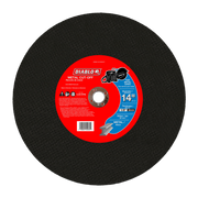Black metal cut-off disc with red Diablo label, 14 inch diameter, 20mm arbor hole.