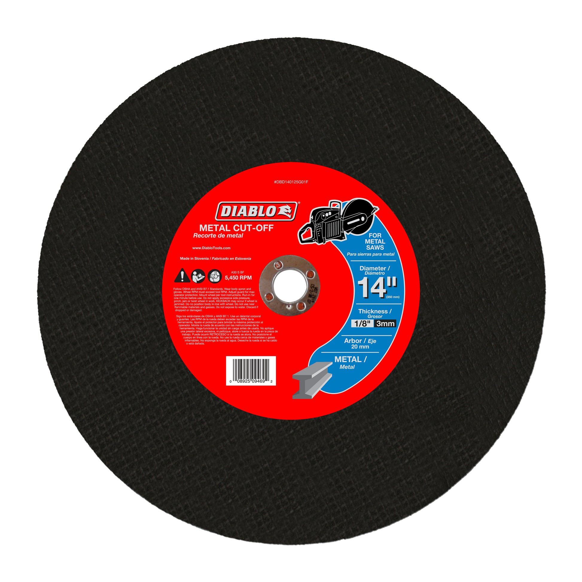 Black metal cut-off disc with red Diablo label, 14 inch diameter, 20mm arbor hole.
