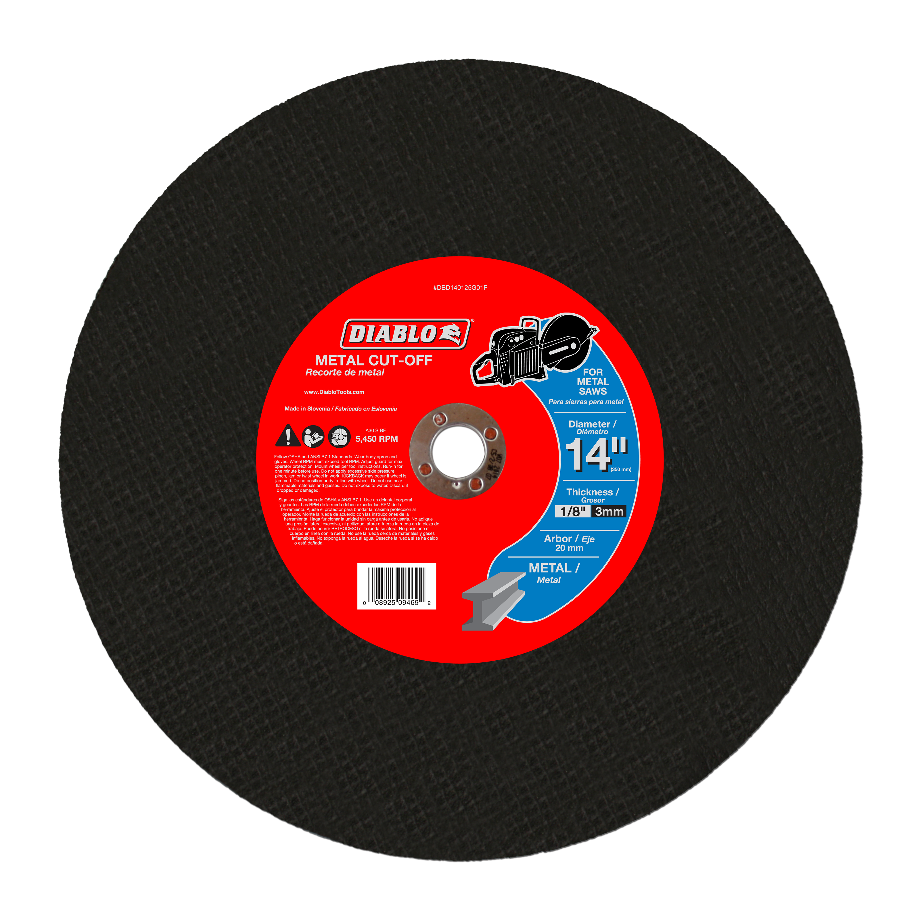 Black metal cut-off disc with red Diablo label, 14 inch diameter, 20mm arbor hole.