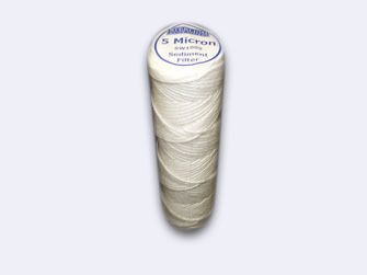 White cylindrical string wound water filter cartridge with blue label and ribbed texture.