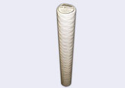 White polypropylene string wound sediment filter cartridge with tan spiral wrapping, 2.5 inches diameter by 20 inches long.