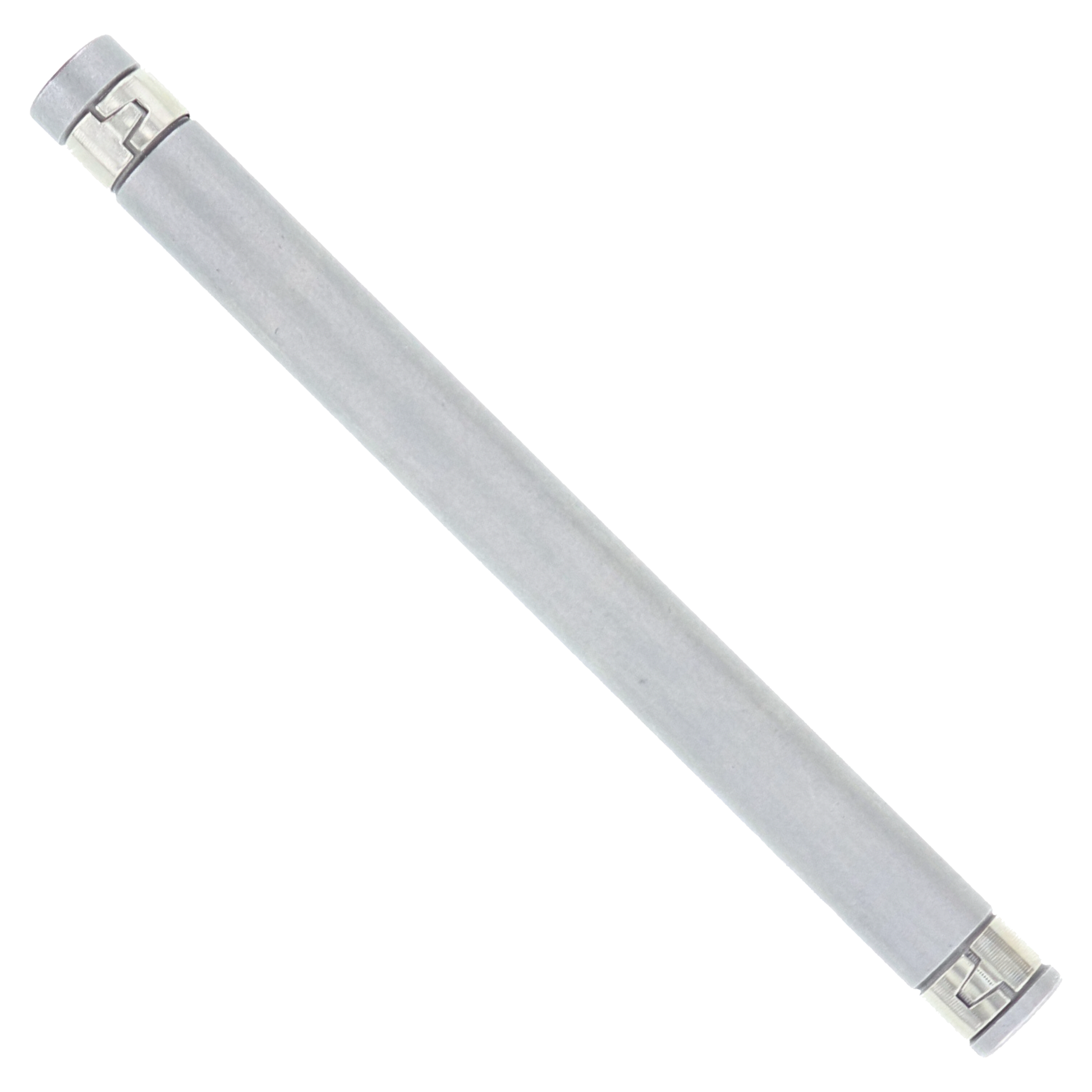 Gray cylindrical SDS-Plus concrete anchor drive sleeve with metal connectors at both ends.