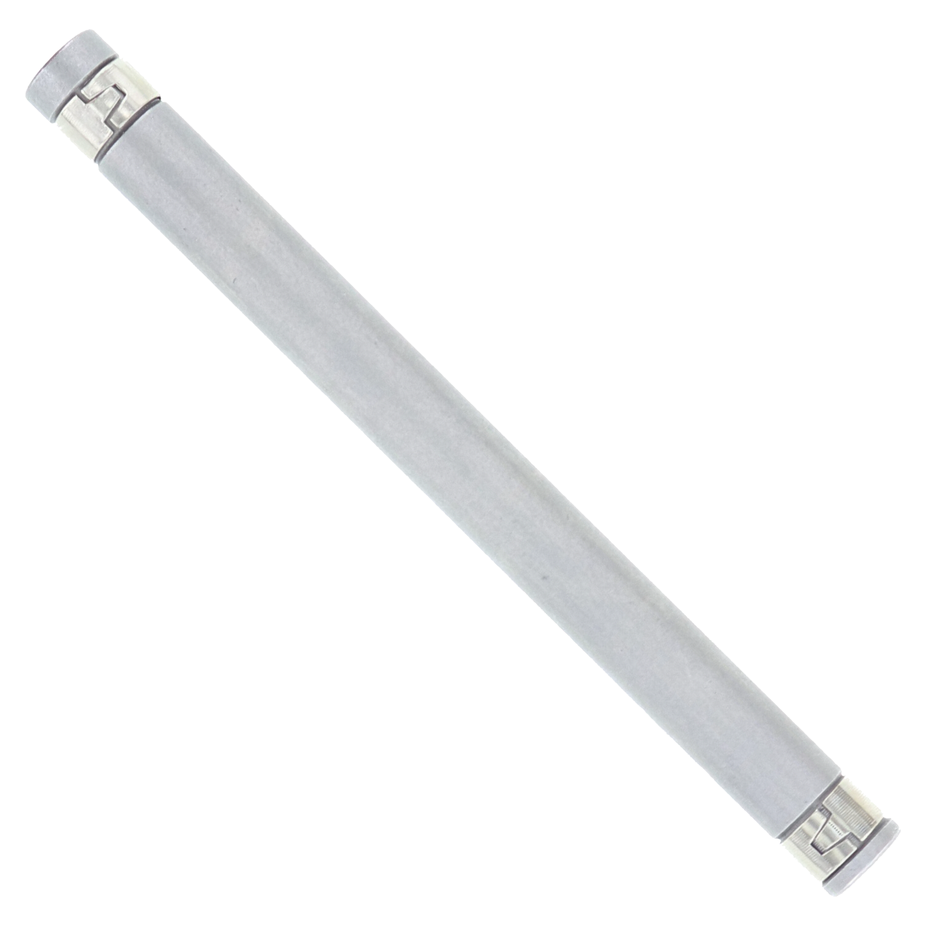 Gray cylindrical SDS-Plus concrete anchor drive sleeve with metal connectors at both ends.