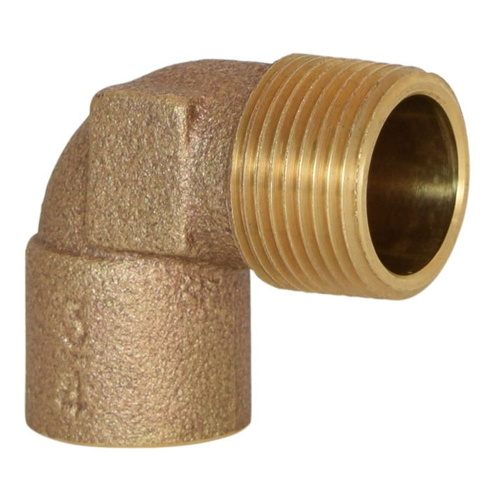 Cast brass elbow fitting with one sweat connection and one male threaded connection, angled 90 degrees.